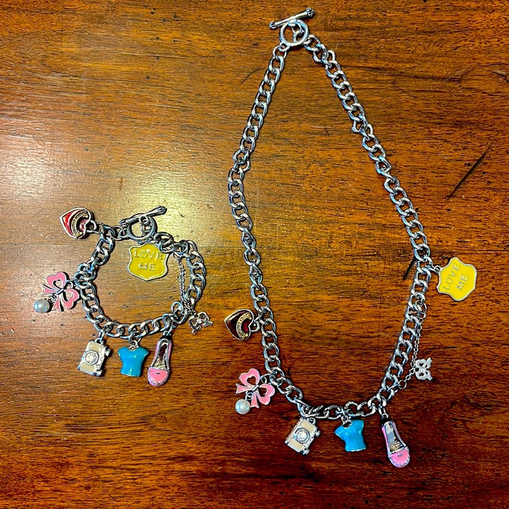 2 pc Silver Juicy Couture, charm Necklace and bracelet. Hardly worn gifts.